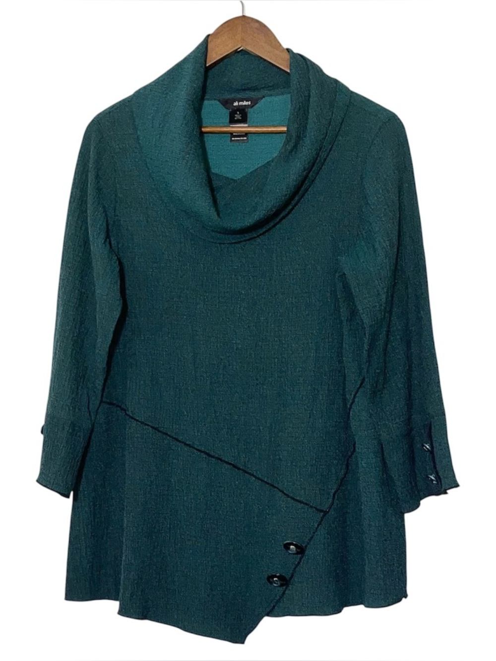 Ali Miles Forest Green Textured Knit Tunic Cowl Neck Asymmetric Hem Size S